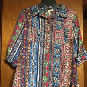 Red camel high low 3 button blouse